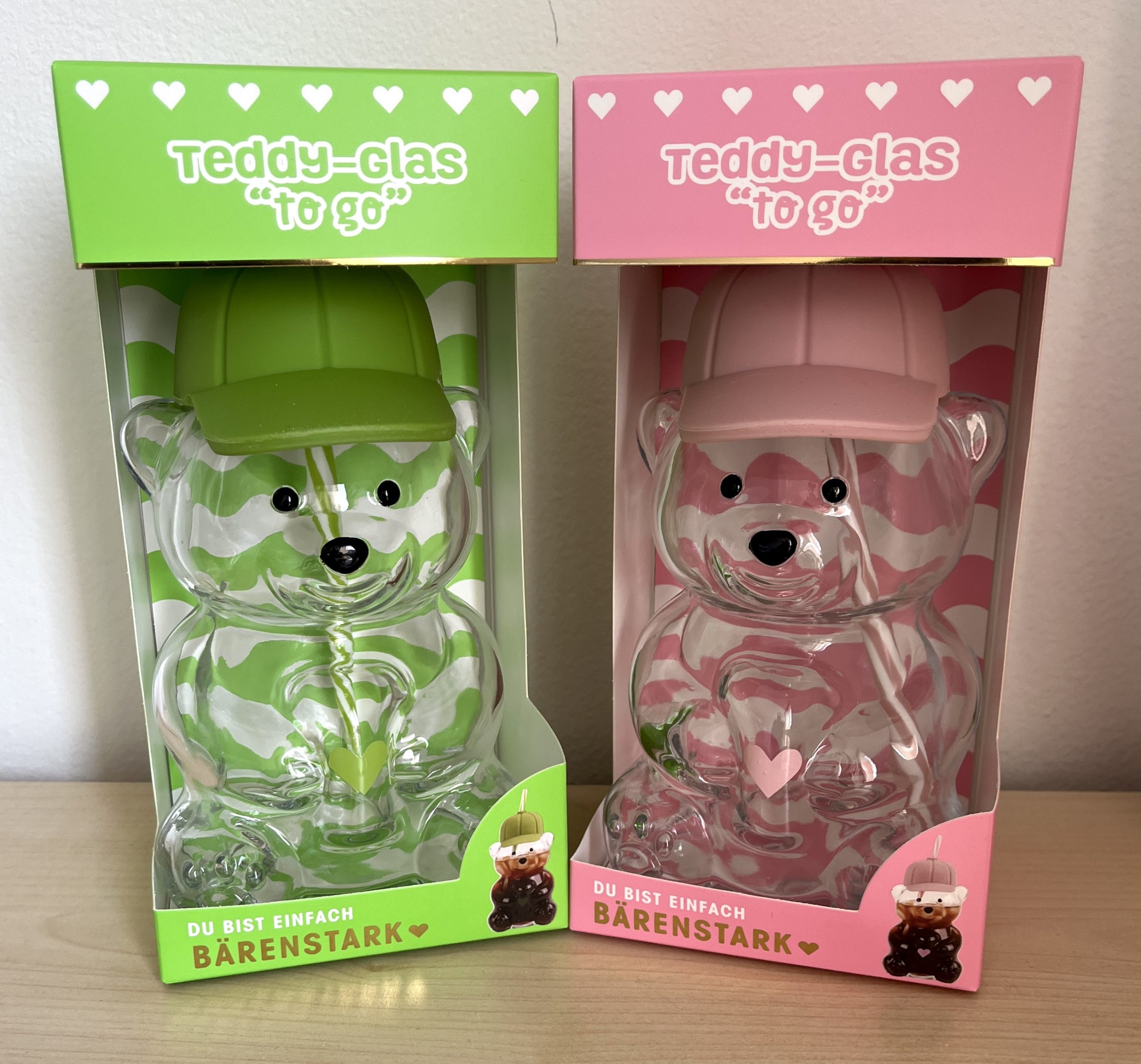 2er Set Teddygläser Bärenglas mit Strohhalm rosa und hellgrün – Bild 2