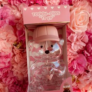 Teddy-Glas "To Go" Bärenglas rosa mit Strohhalm