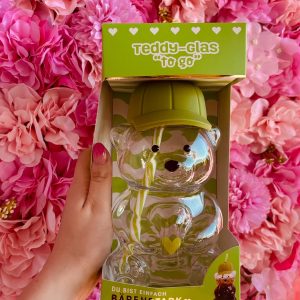 Teddy-Glas "To Go" Bärenglas grün mit Strohhalm