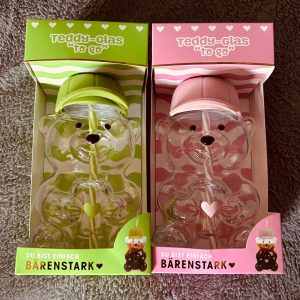 2er Set Teddygläser Bärenglas mit Strohhalm rosa und hellgrün