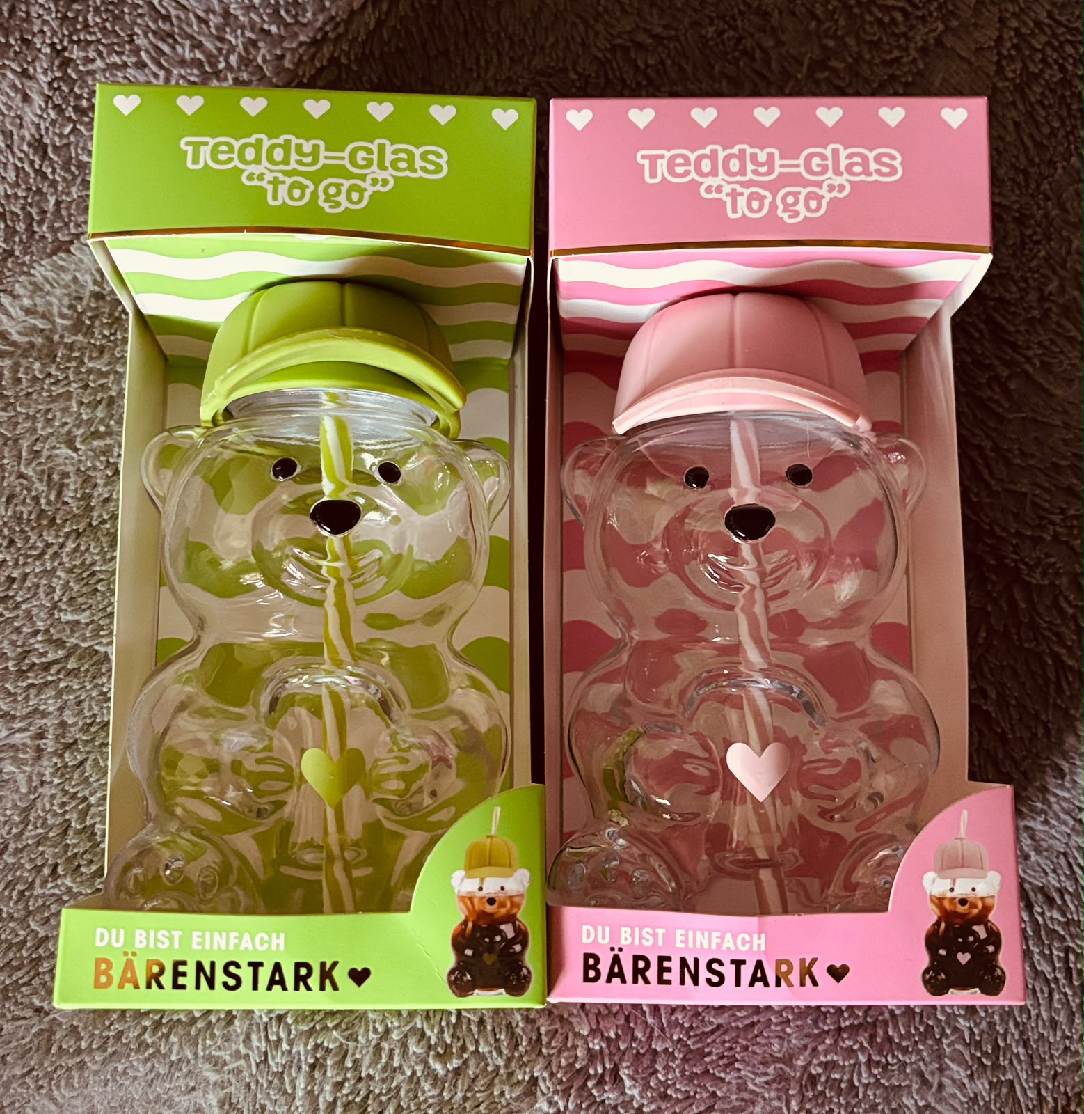 2er Set Teddygläser Bärenglas mit Strohhalm rosa und hellgrün